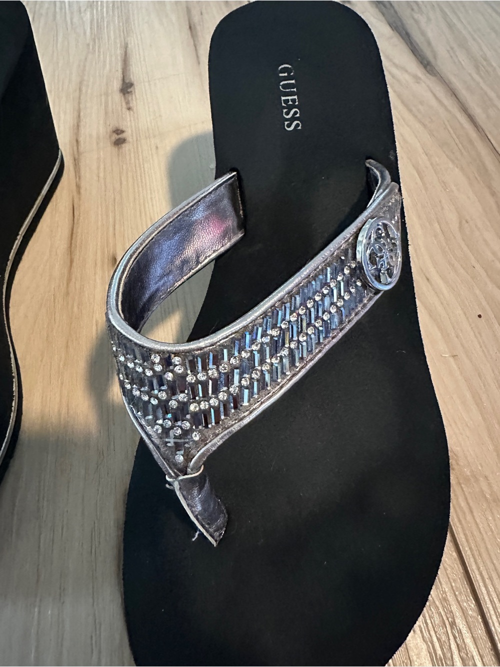 GUESS Black Wedge Sandals with Silver Metallic Straps - Picture 7 of 8